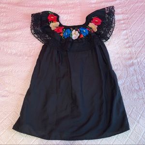 Black Mexican Floral Embroidered Dress